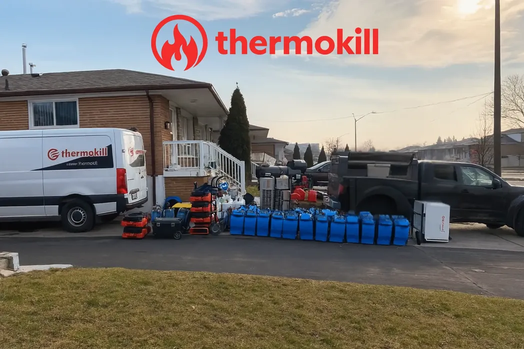 Thermokill technician performing advanced bed bug heat treatment, chemical-free and effective