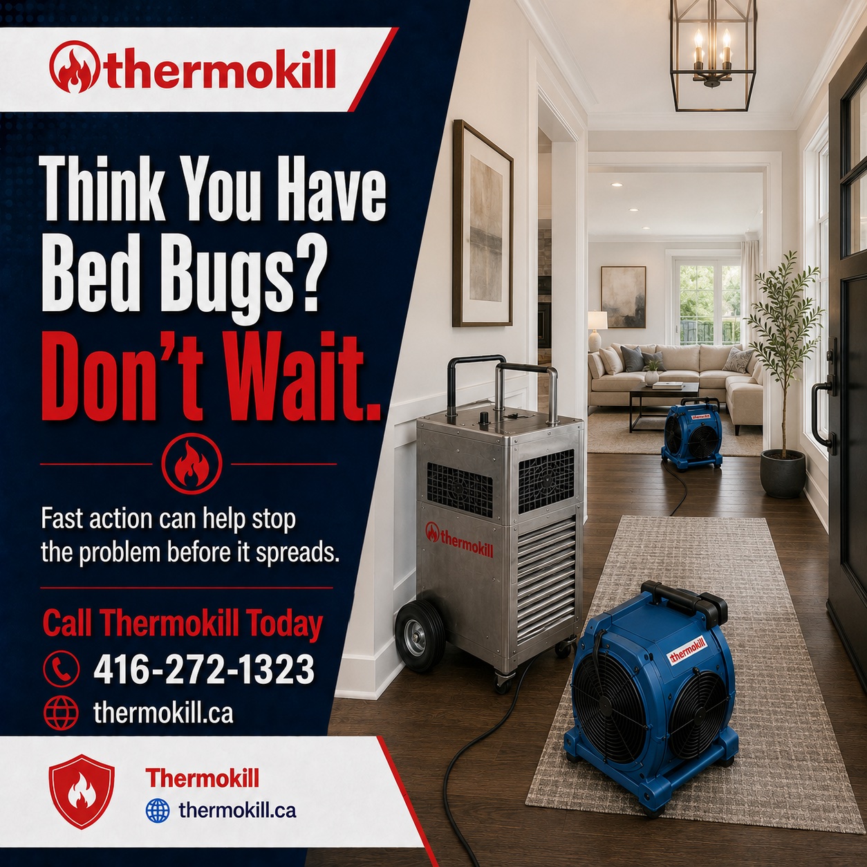 Thermokill bed bug heat treatment equipment set up inside a home for professional bed bug control in Toronto and the GTA.