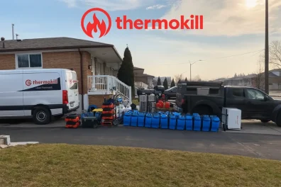 Thermokill technician performing advanced bed bug heat treatment, chemical-free and effective